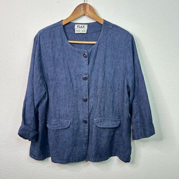 Flax Button Up Shirt Jacket Pockets Dark Blue Medium 100% Linen Lagenlook - Picture 1 of 12
